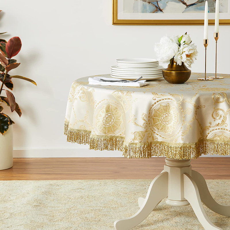Bloch Floral Tablecloth, 119" W Round, Beige