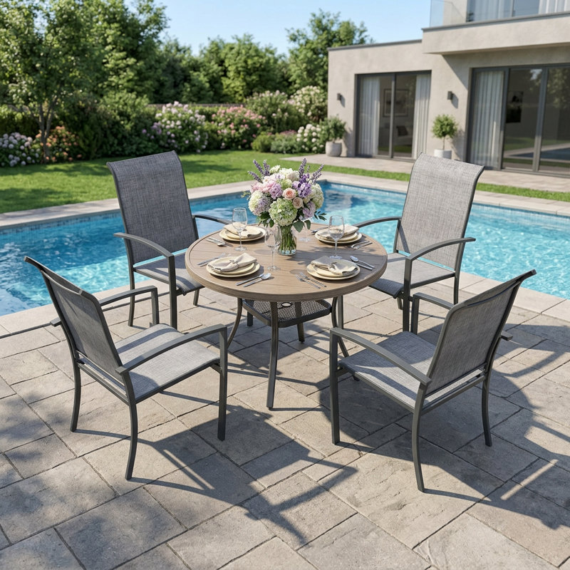 Ensemble de salle à manger de patio 4 personnes avec chaises empilables Textilene, Bois brossé gris / gris
