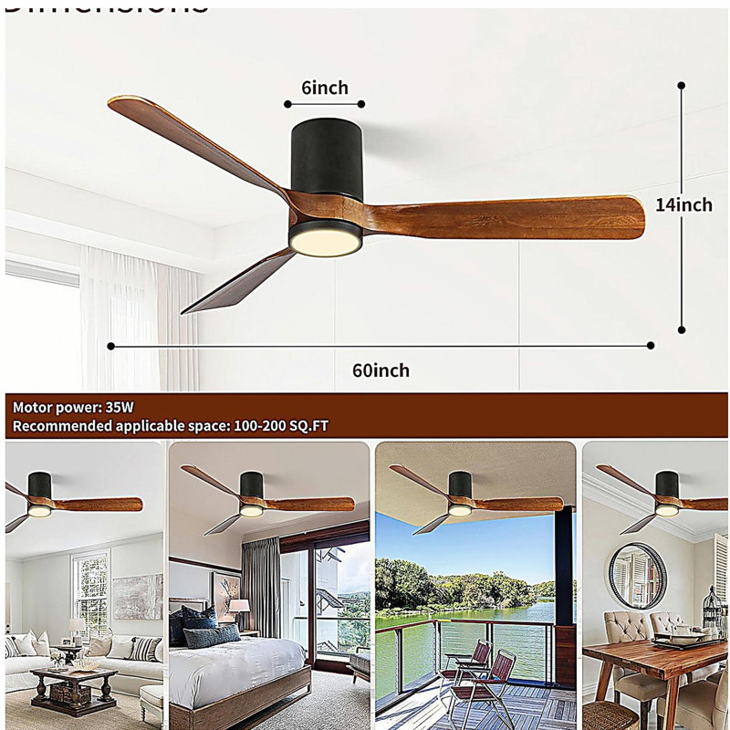 60-inch LED Indoor/Outdoor Embedded Matte Black Ceiling Fan with Wooden Blades, 6-speed DC Remote Control, 60.16" Wide