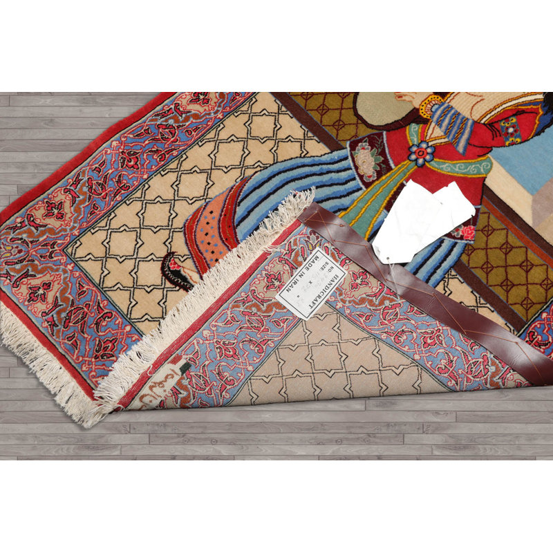 Tapis beige / bleu / corail / noir en laine noué à la main de conception unique
