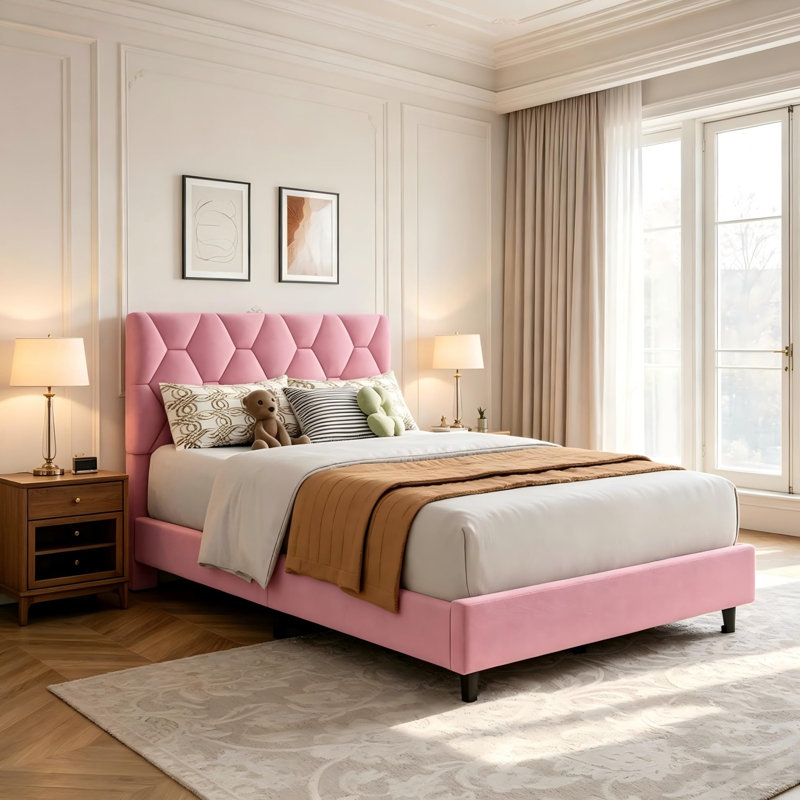 Cadre de lit plateforme TWIN XL, tête de lit rembourrée réglable, rose