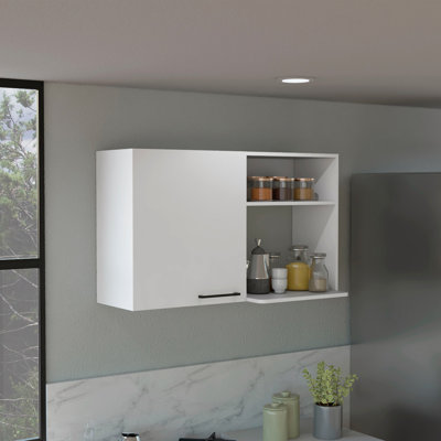 Armoire de rangement murale empilable H 24 po, deux tablettes internes, deux tablettes de rangement externes, une porte, blanc