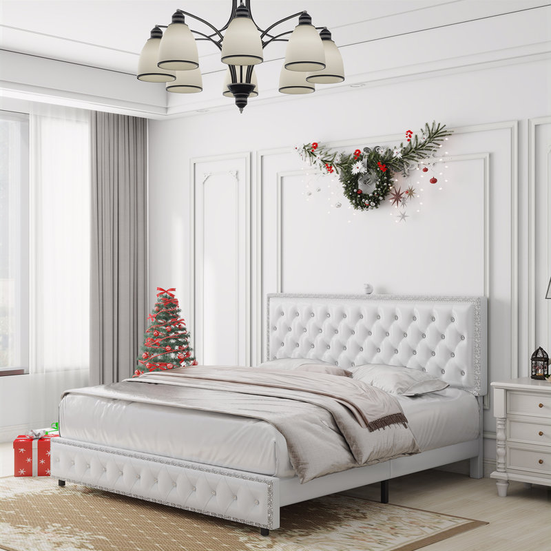 Upholstered Bed with Diamond Button, Modern Bed Frame with Galaxy Projector, No Box Spring Needed & Noise-Free Sturdy Wood Slats, PU