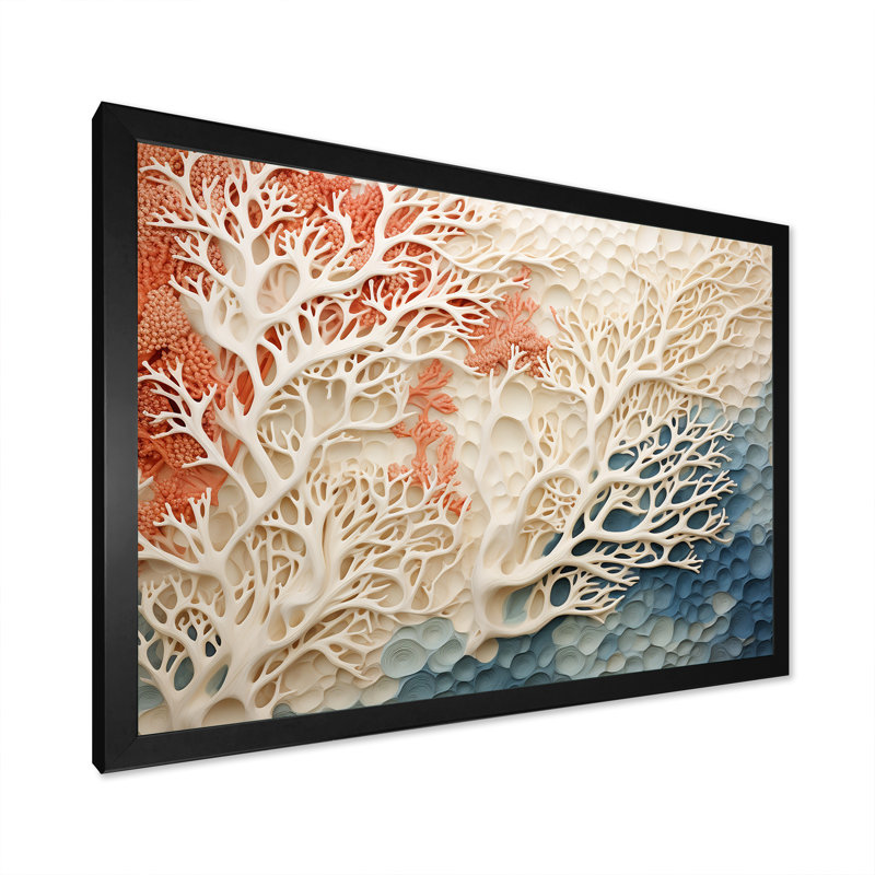 «Rose and White Coastal Coral Collage I» - art mural corail sous l'eau, H 12 po x l 20 po, Impression encadrée, Noir