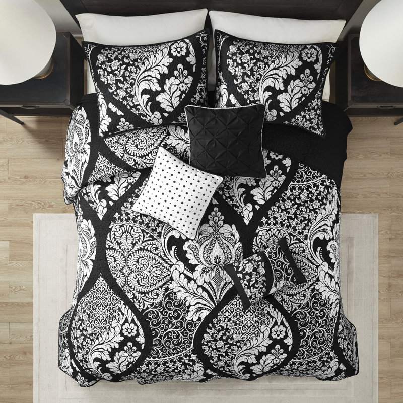 Courtepointe en coton 6 pièces, très grand / très grand, noir complexe, réversible, rembourrage à 90% et coussins de broderie 6 très grands, imprimé, coton / réversible avec revers uni