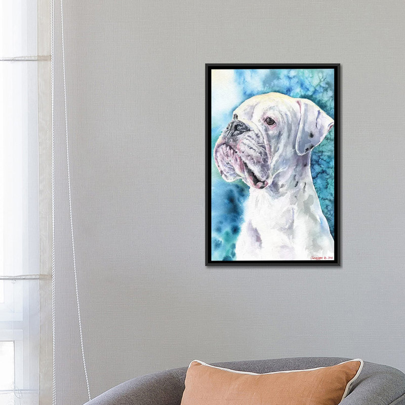 Boxer blanc, impression sur toile, H 26 po x l 18 po x P 1,5 po, Toile avec cadre noir, Pas de tapis