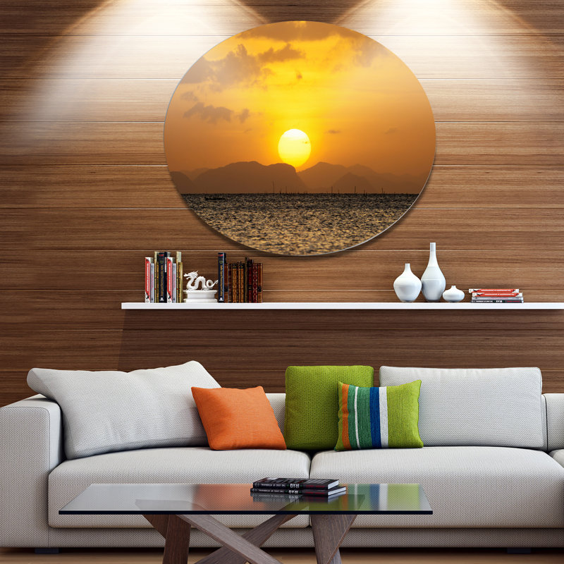Yellow Sunset and Brown Ocean Metal Wall Art Print, 23" x 23"