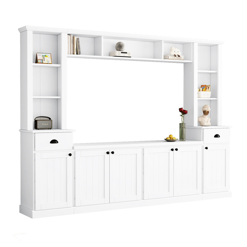 Meuble audio-vidéo tendance avec pont supérieur réglable et grand rangement pour téléviseur de 75 po, console contemporaine blanche, généreuse