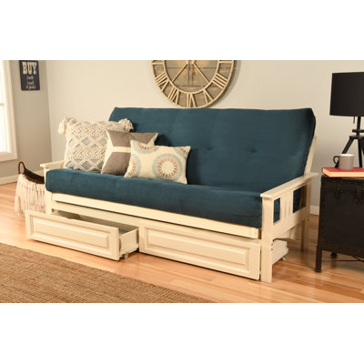 La base de futon pleine grandeur Stratford comprend des tiroirs de rangement et un matelas