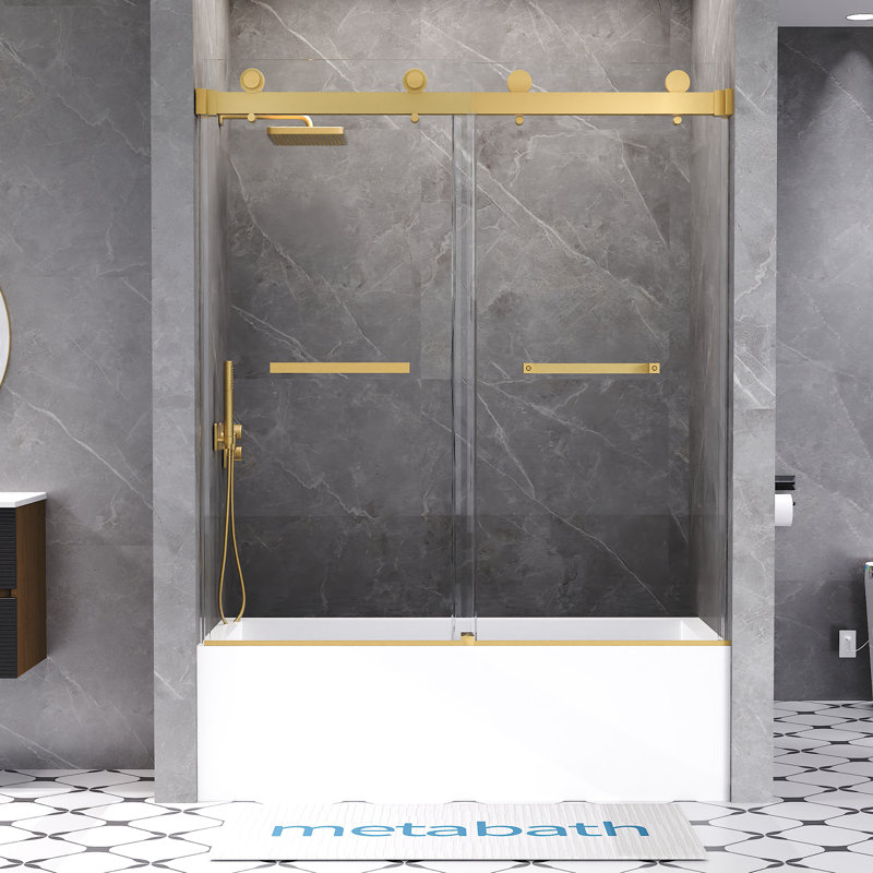 Porte de baignoire coulissante double sans cadre de 56 à 60 po x H 66 po avec verre trempé transparent de 3/8 po (10 mm), Or