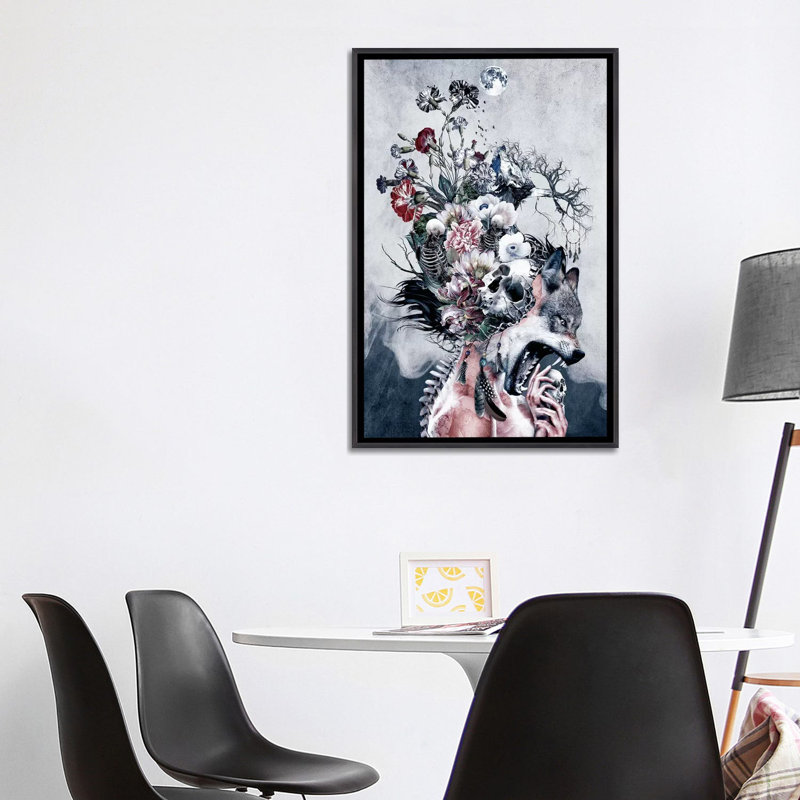 Loup et crânes par Riza Peker - impression d'art graphique, H 40 po x l 26 po x P 1,5 po, Toile avec cadre noir patiné