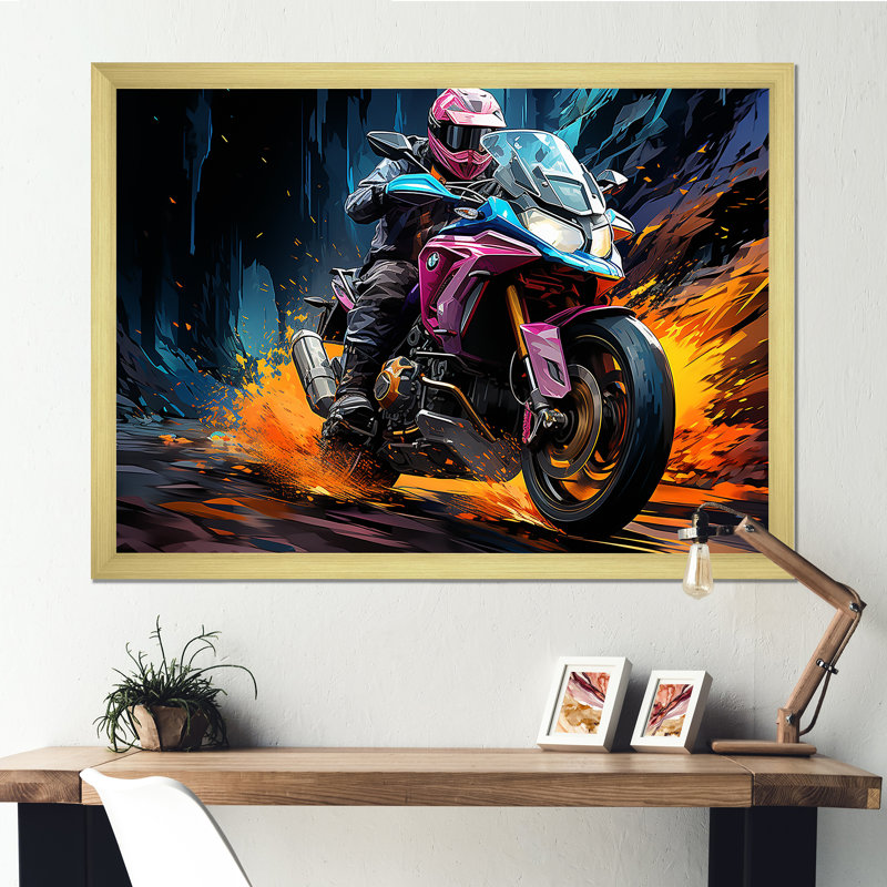 Aquarelle, motocyclette, Speedster, chemin I, Cadre doré simple, H 34 po x l 44 po x P 1,5 po