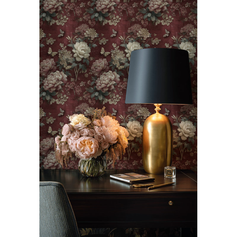 Papier peint floral rétro avec décoration murale papillons, Non tissé, non collé