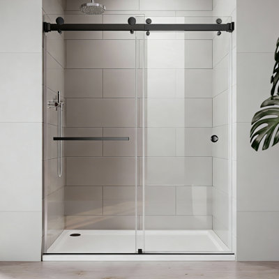 Frameless Double Sliding Shower Door, 304 Stainless Steel in Matte Black 5/16" (8mm) Thick SGCC Tempered Clear Glass. Round handle with NANO easy cleaning coating.