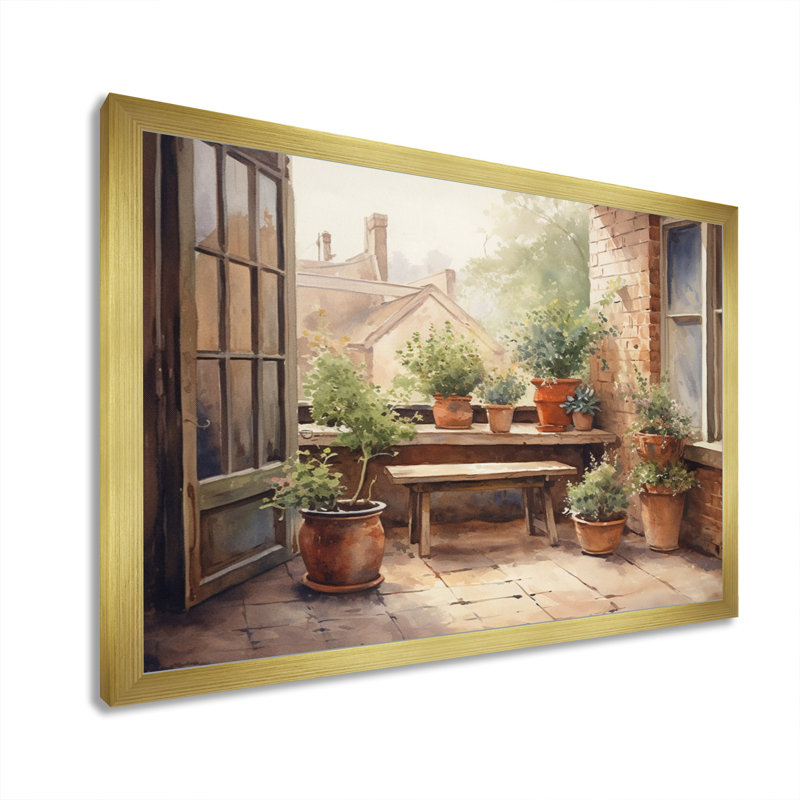 Runald Cottage balcon Garden III - paysage chalet, impression sur toile encadrée, H 16 po x l 32 po x P 1 po, Cadre doré
