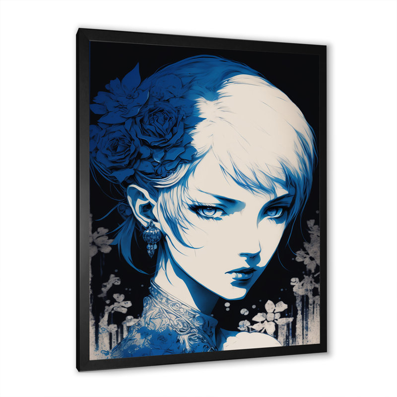 Dessin rétro sur fond bleu Edm Wilson, Cadre photo noir, H 44 po x l 34 po x P 1,5 po