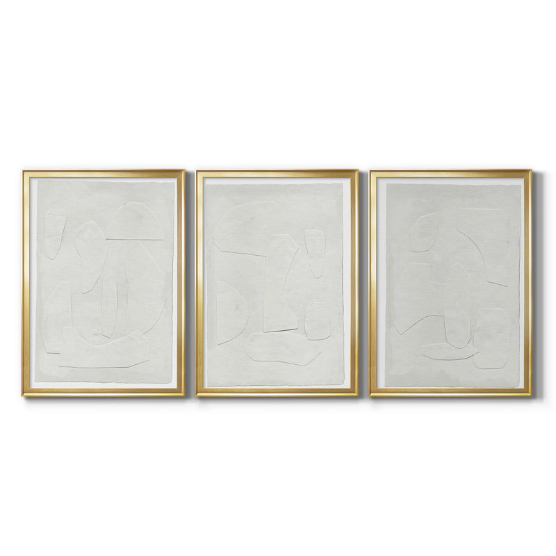 «Paperwork I» - Toile tendue avec châssis sur mesure - 3 pièces, H 15 po x l 19 po, Doré