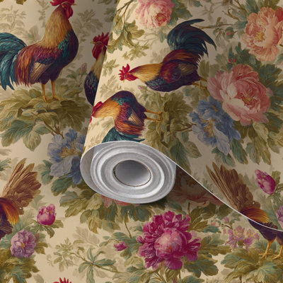 Peel and Stick Wallpaper Contact Paper Colorful Rooster Hen Floral Vibrant Flowers Self Adhesive and Removable 24in x 118in(60x300cm)