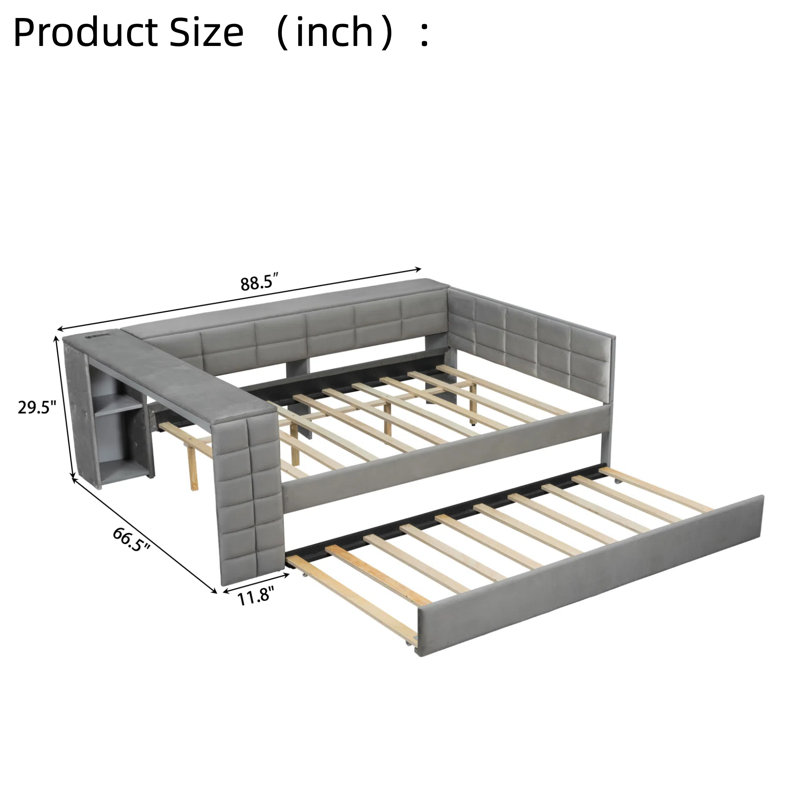 Lit plateforme multifonctionnel avec station de travail USB et lit gigogne escamotable, Gris