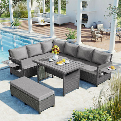 5-Piece Outdoor Patio Rattan Sofa Set, Sectional Pe Wicker L-Shaped Garden Furniture Set With 2 Extendable Side Tables, Dining Table And Washable Covers For Backyard, Poolside