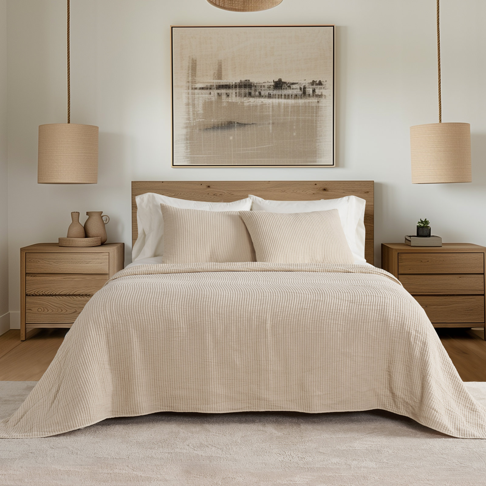 Ribbed Cotton Coverlet Set, Queen Quilt + 2 Queen Shams, Mocha Brown