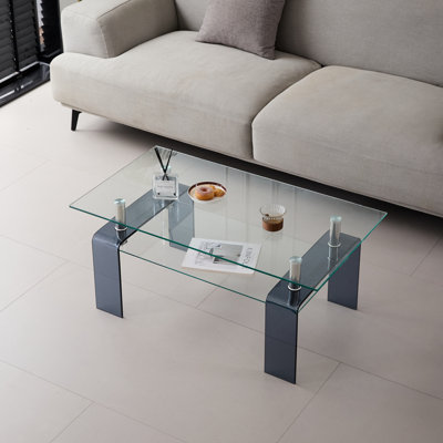 Table basse en verre trempé, table basse moderne en verre pour le salon, table basse à 2 niveaux avec pieds de fumée