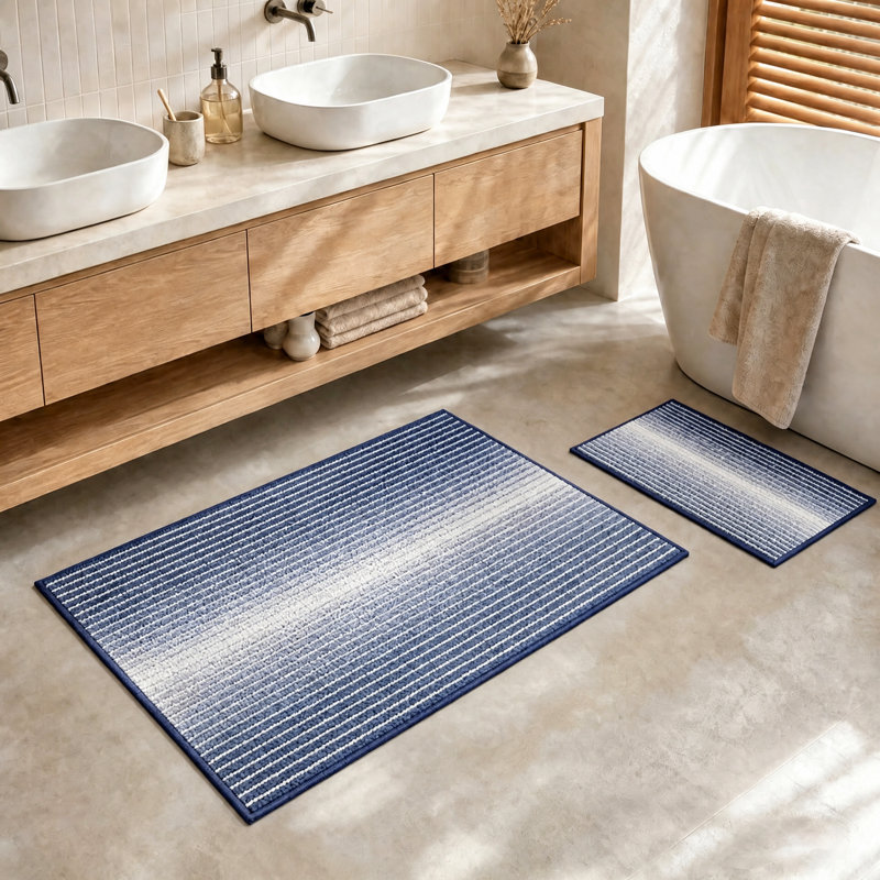 2-Piece Soft Shaggy Chenille Bathroom Rug Set, Thick Absorbent Non-Slip Bath Floor Mats, Machine Washable, Navy
