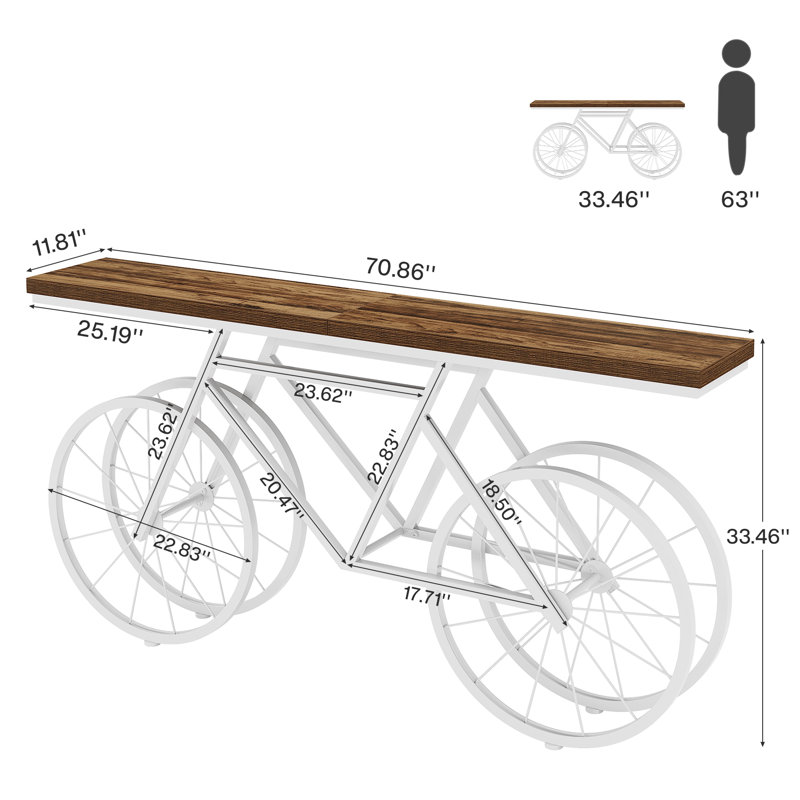 70.9'' Extra Long Console Table with Bicycle Base, Narrow Sofa Table Industrial Entryway Table, Rustic Brown, White