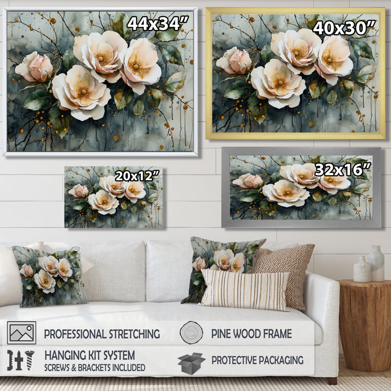 Indasha - art mural floral, Reproduction encadrée d'une seule photo, H 16 po x l 32 po, Blanc