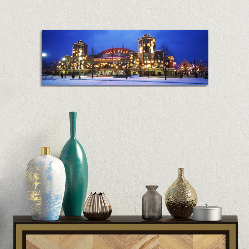 Facade Of A Building Lit Up At Dusk, Navy Pier, Chicago, Illinois, USA - Wrapped Canvas Panoramic Print