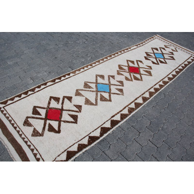 Vintage Turkish Handwoven Wool Runner Rug in Beige Brown with Geometric Pattern for Hallway Decor