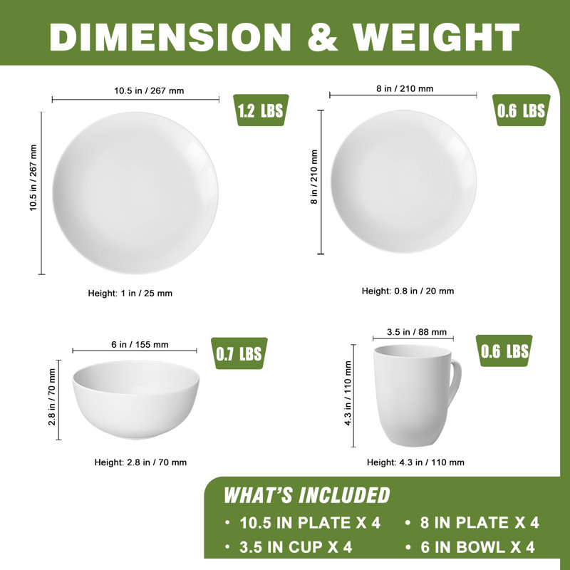 Vaisselle en porcelaine tendre avec un design léger et durable résistant aux éclats, 16 PCs, Blanc