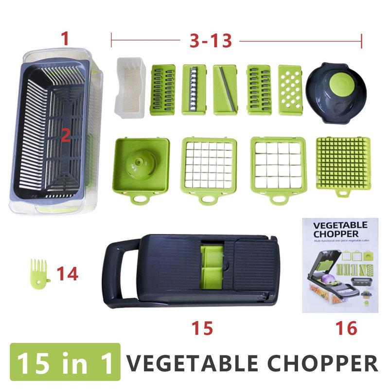 15-in-1 Multifunctional Vegetable & Fruit Chopper,Veggie Dicer & Slicer with Stainless Steel Blades,Manual Onion Cutter for Salad,Meal Prep & Kitchen Food Preparation