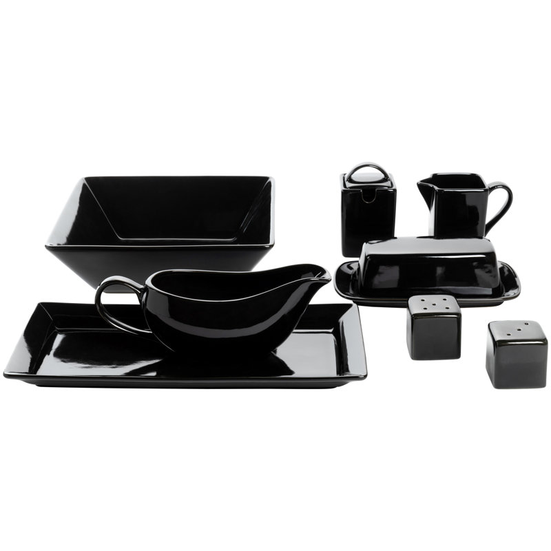Nova Square Stoneware 38 Piece Dinnerware Set, Service for 6, Black