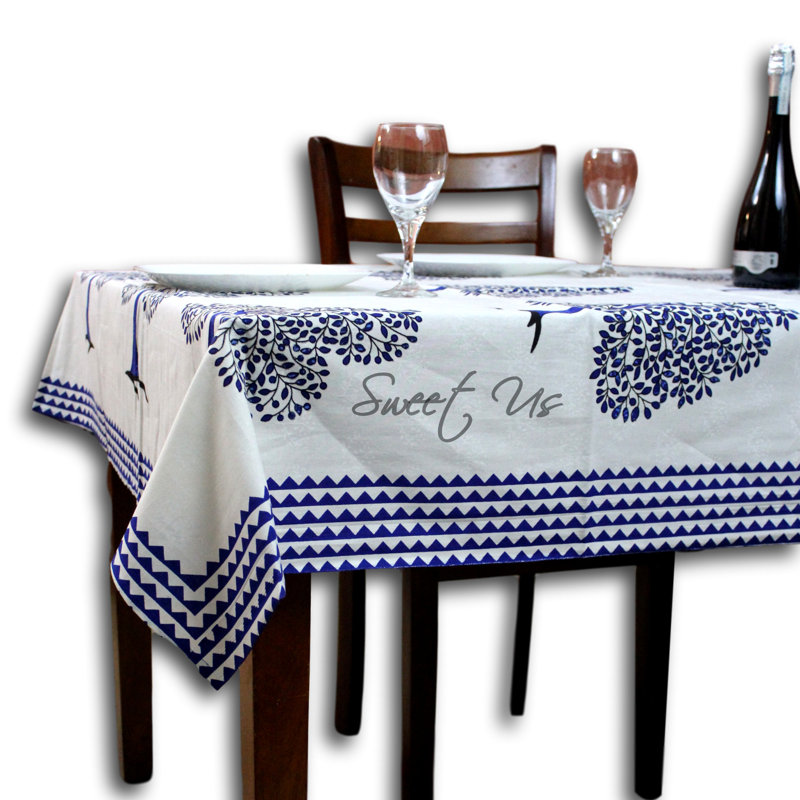 Floral 100% Cotton Tablecloth, Blue White