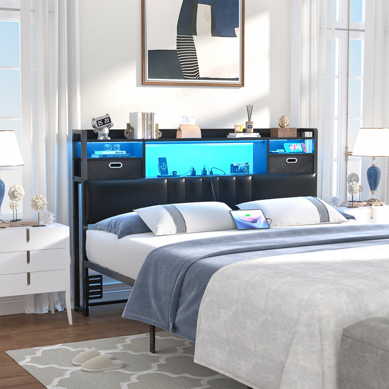45.3'' H Storage Headboards With  Darwers,Outlets,USB Ports And LED Lights, Full, Black