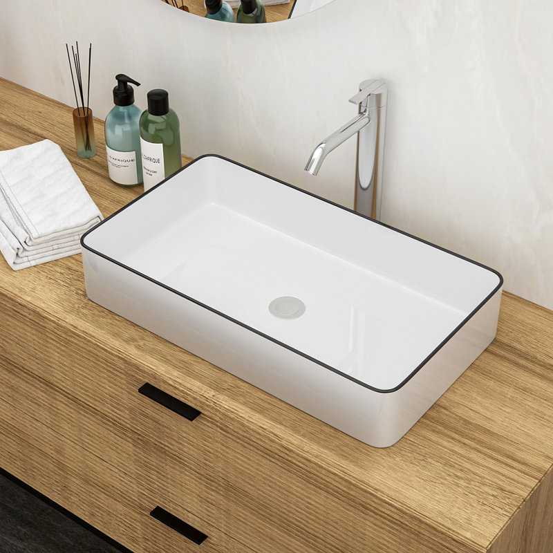 Lavabo de salle de bain vasque rectangulaire 24 "x 14" en céramique blanche, Blanc/Noir