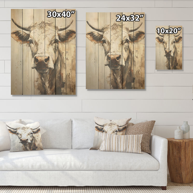Portrait de vache minimaliste beige I - Vache, art mural sur bois de pin naturel, H 40 po x l 30 po