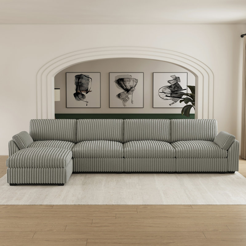 Canapé modulaire en L avec repose-pieds mobile, Velours côtelé gris moelleux