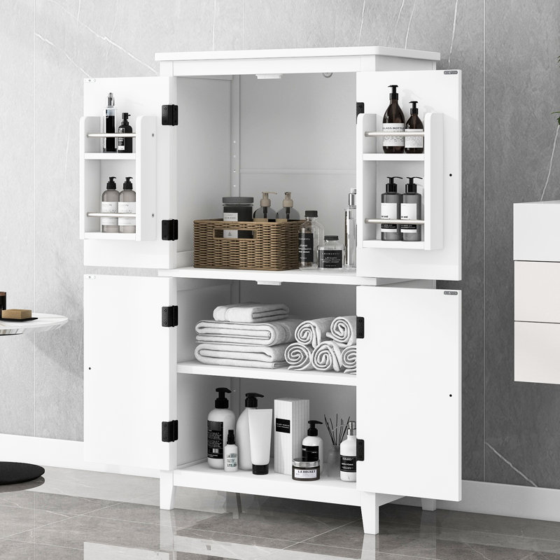 Armoire de salle de bain autoportante à 4 portes - blanc, tablettes réglables, rangement spacieux et élégant, Blanc