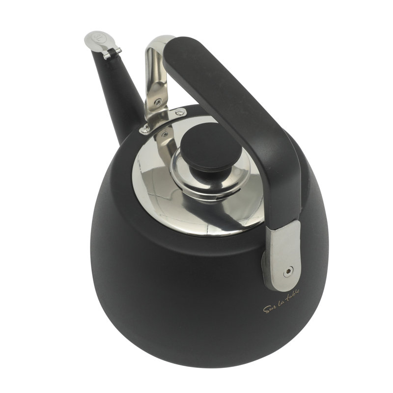 Large Brushed Stainless Steel Whistling Tea Kettle with Black Handle