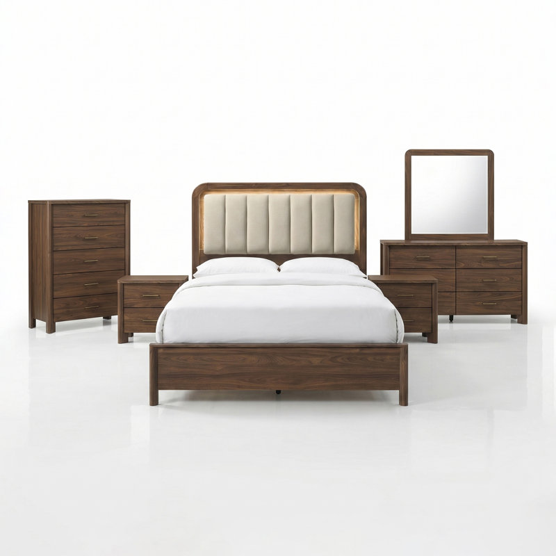 Ensemble de chambre à coucher 6 pièces avec tête de lit à lumière chaude Casillas, Grand lit