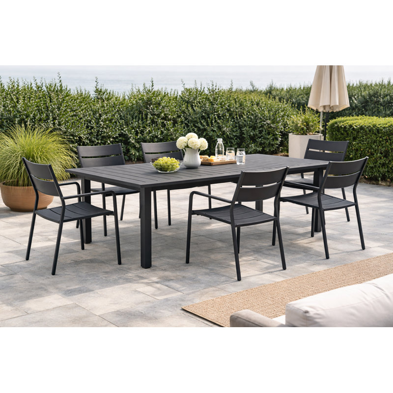 Cinya Modern Outdoor Aluminum 7-piece Extension Dining Set With Stackable Chairs & Built-in Leaf Storage, Grey, Gray