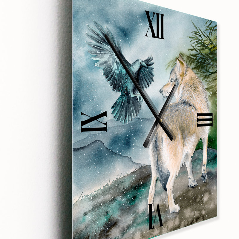 Loup et un corbeau sur une colline sous la neige qui tombe - Horloge murale animaux en métal, Petit
