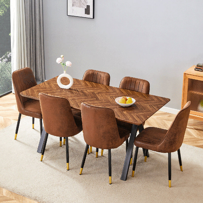 Ensemble de table de salle à manger Mid-Century moderne en bois, finition noyer rustique, 7 pièces : table, 6 chaises