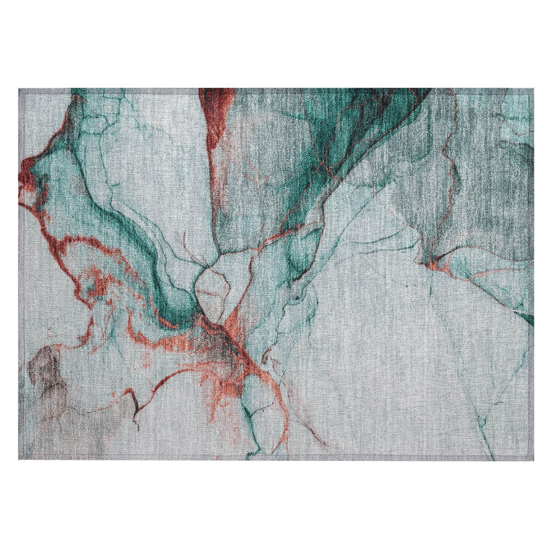 Machine Washable Indoor/Outdoor Cinead ACN1690 Teal Rug, Rectangle 1'8" x 2'6"