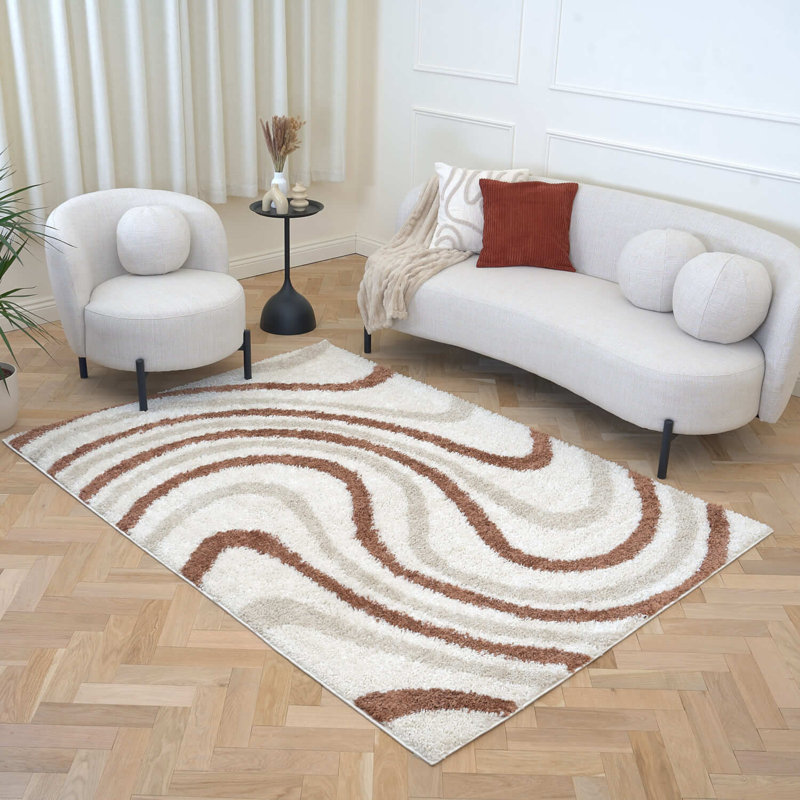 Moodi Modern Shaggy Area Rug Abstract Wavy Line Design, Off-White Beige/Terra, Rectangle 160 x 230 cm