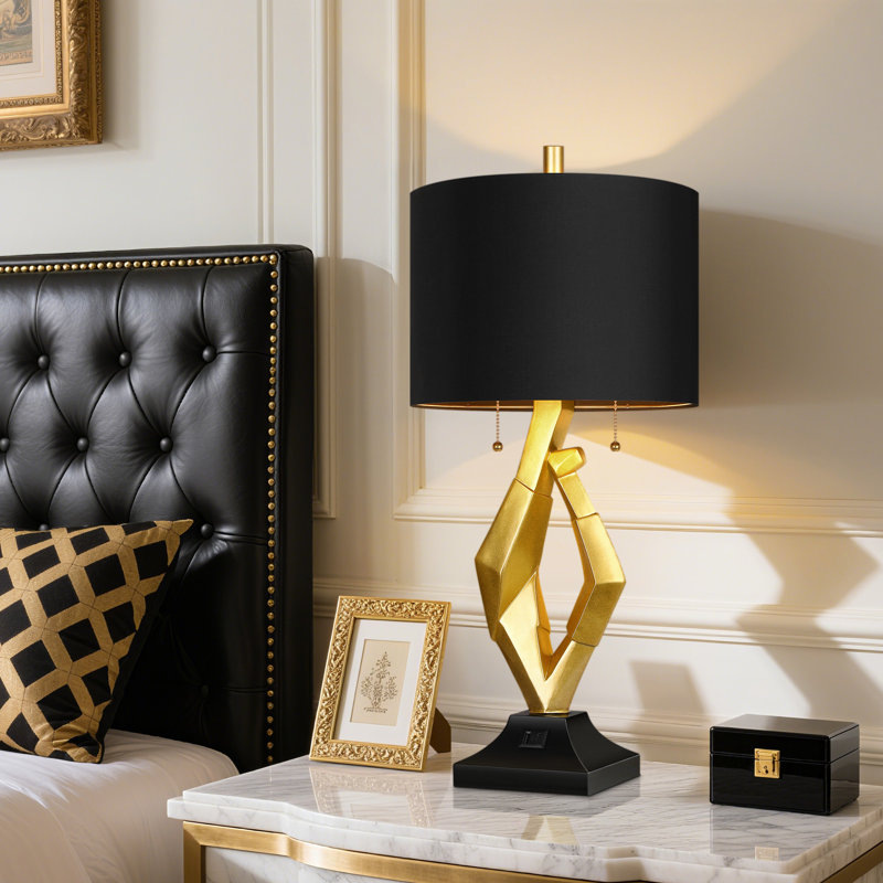 25.5in Gold Nightstand Resin Lamps With Black Shades Set Of 2