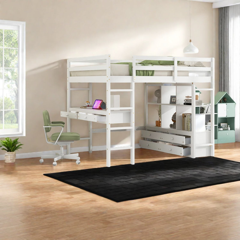 Lit mezzanine multifonctionnel en pin blanc avec bureau et rangement pour famille moderne