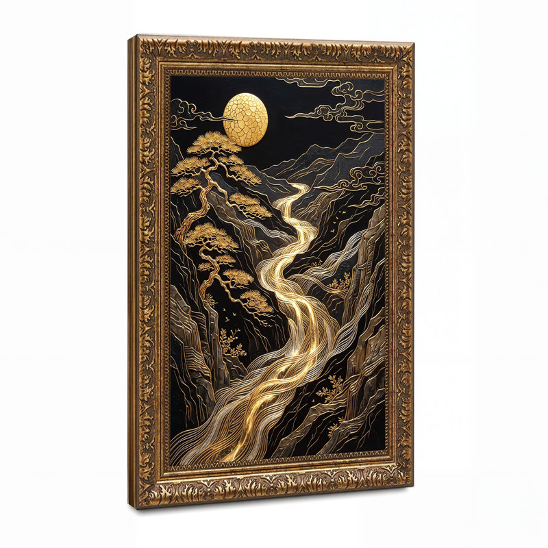 Art mural sur toile Golden Moon Over Pine Trees and Winding River, H 18 po x l 12 po